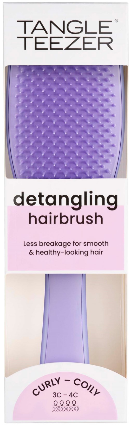 A purple hairbrush with textured surface and curved shape, used for detangling and smoothing hair.