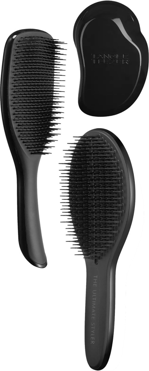 Two black hairbrushes with narrow bristles, one larger and one smaller, and a black case.