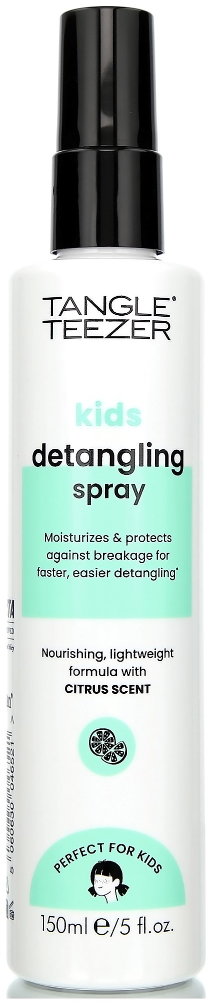 Valkoinen suihkepullo, jossa lukee TANGLE TEEZER kids detangling spray, musta kansi ja turkoosit korostukset.