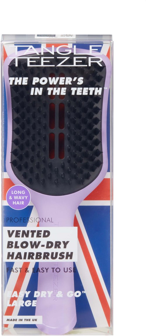 A boxed vented blow-dry hairbrush with a purple handle and a black brush head, featuring UK flag colors and branding.
