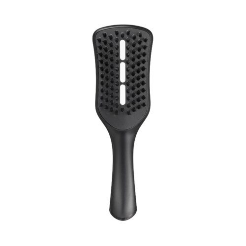 A black hairbrush with a handle and a vented, wide brushing surface.