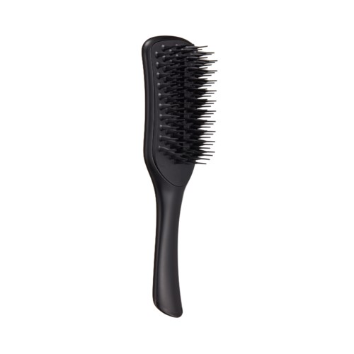 A black hairbrush with a curved handle and many bristles for detangling hair.