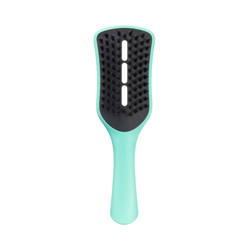 A hairbrush with a light green handle and a black brush head with holes and a central slot.