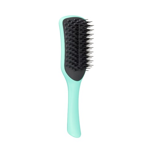 A hairbrush with a light blue handle and black bristles.