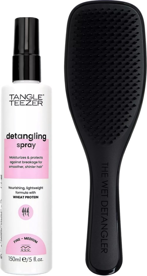 A hairbrush and a detangling spray bottle are shown, used for smooth and shiny hair care.