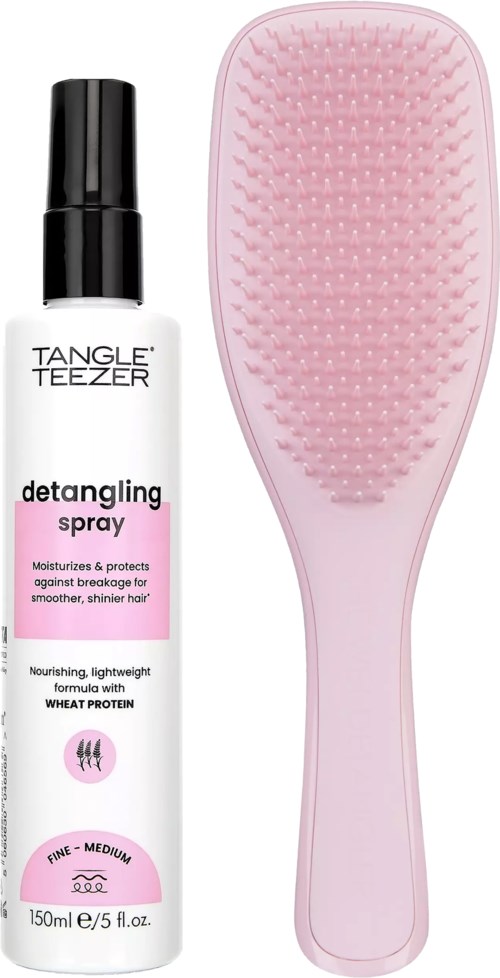 A detangling spray bottle and a pink hairbrush are shown, used for hair care and smoothing.