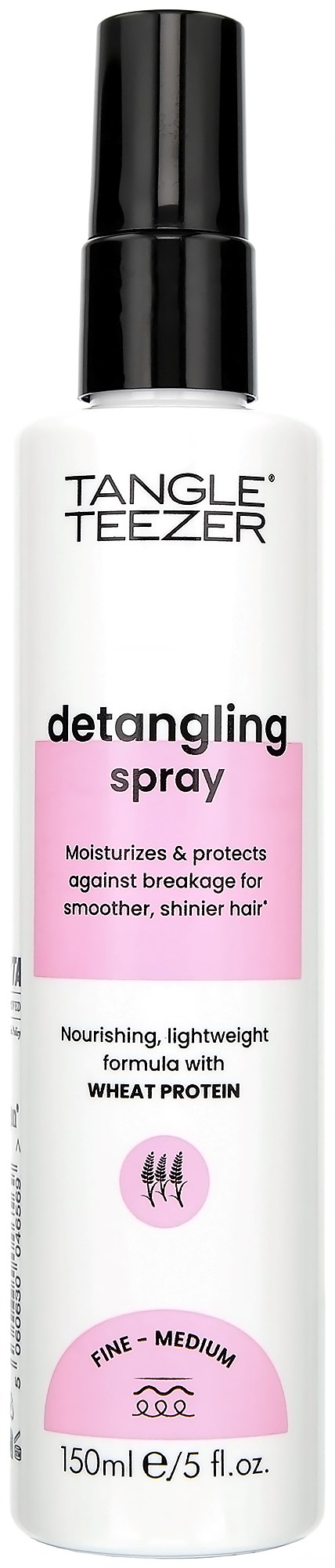 A white bottle with a black spray cap, labeled as Tangle Teezer detangling spray for shiny hair, contains 150ml.