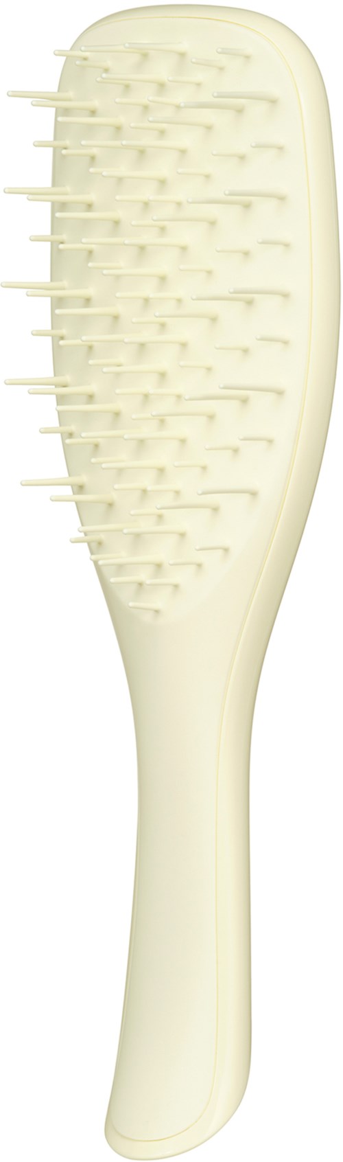 A beige hairbrush with a curved handle and multiple small teeth for detangling hair.