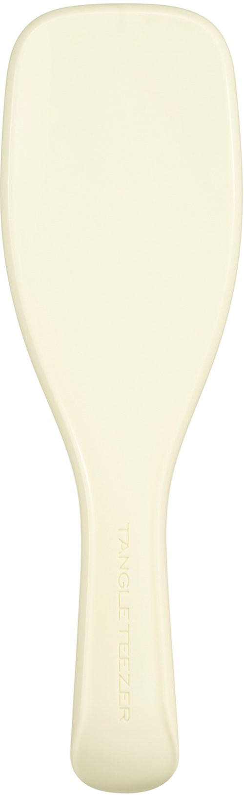A beige shoehorn with a curved handle and flat end, designed to guide shoes onto the feet easily.