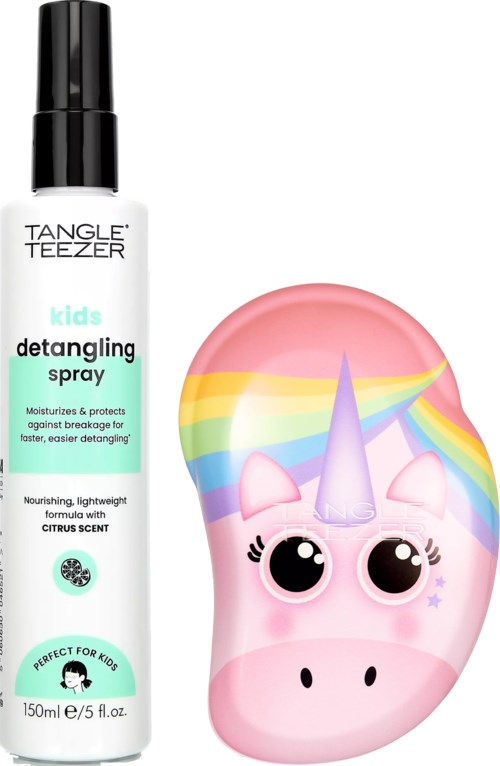 A spray bottle next to a pink unicorn mask with rainbow colors and big eyes.