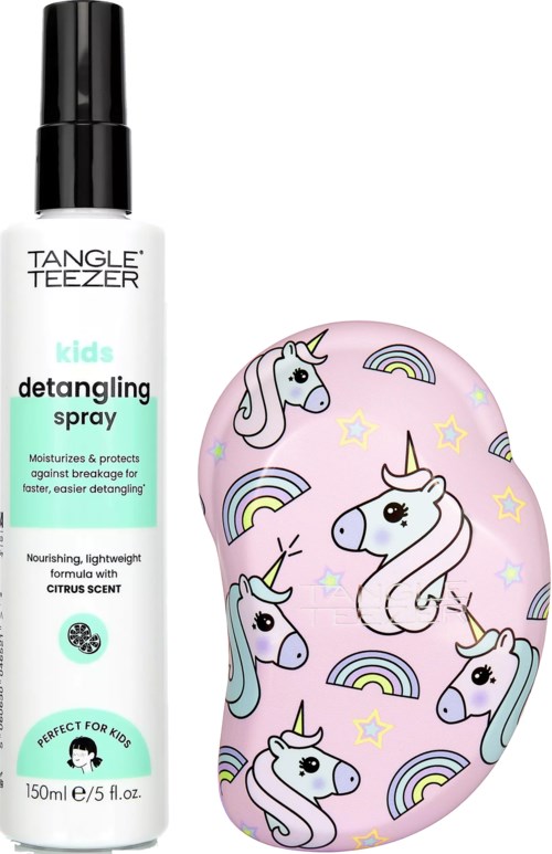 A spray bottle labeled Tangle Teezer kids detangling, and a pink hairbrush with unicorn and rainbow designs.