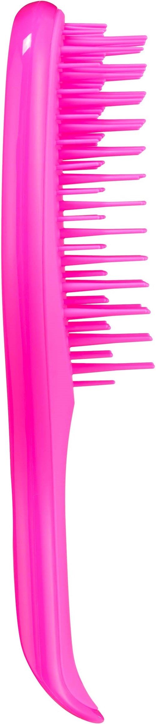 Pink plastic comb with wide and thin teeth, curved handle, isolated on black background.