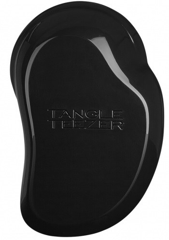 A black Tangle Teezer hairbrush with a rounded shape and the brand name embossed on the surface.