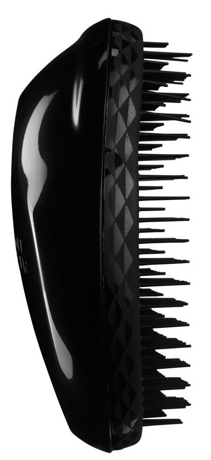 A black hairbrush with a curved shape and many thin bristles, designed for detangling hair.