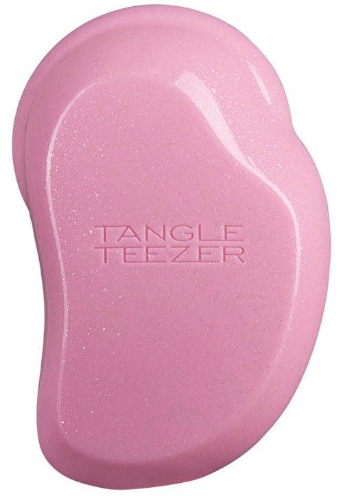 Rosa tvål med varumärkesnamnet Tangle Teezer ingraverat. Den har en glansig, slät yta och en böjd form.