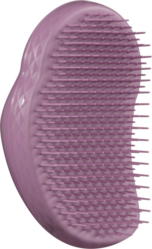 A pink hairbrush with many thin, flexible bristles arranged in rows for brushing hair.