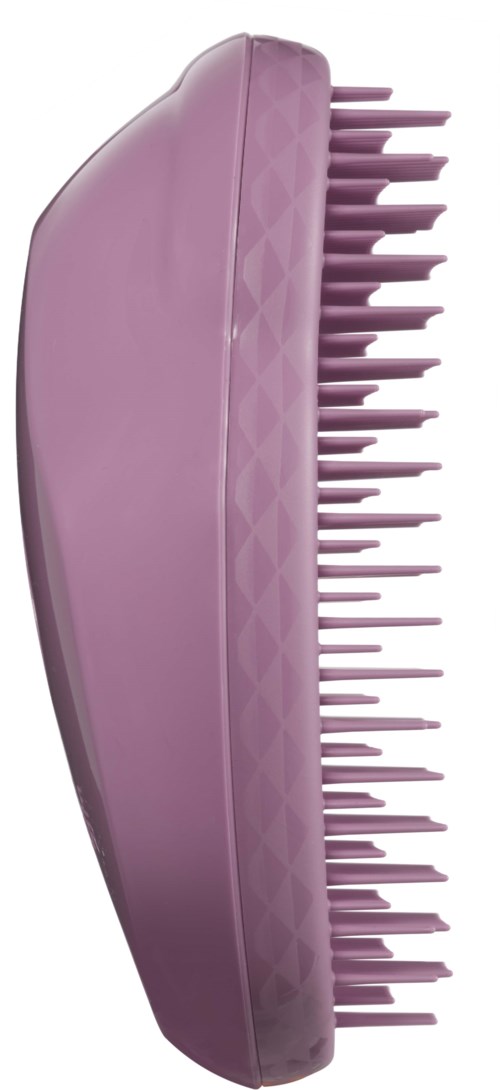 A pink hairbrush with wide, evenly spaced bristles facing outward and a textured handle.