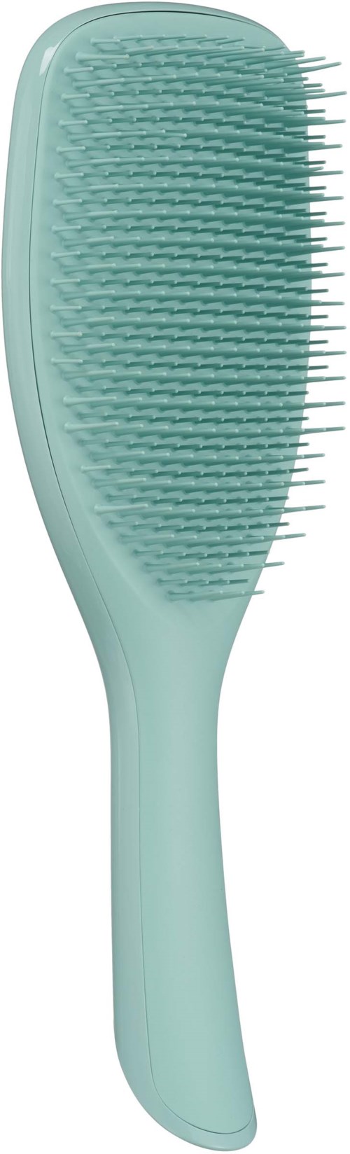 A light blue hairbrush with many bristles and a curved handle.