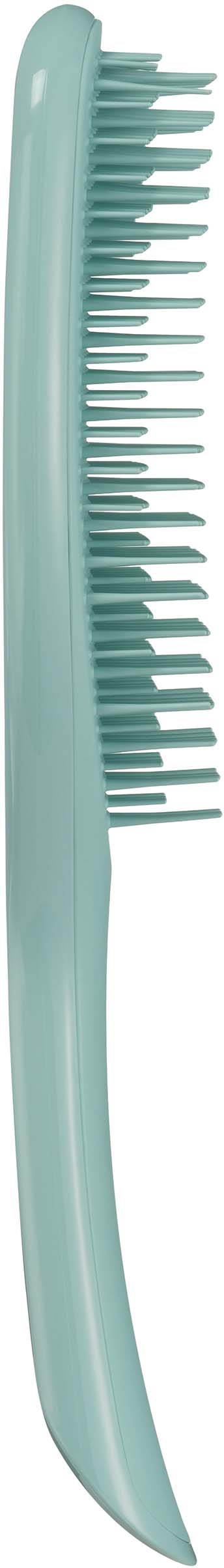 A teal comb with long, evenly spaced teeth and a curved handle.