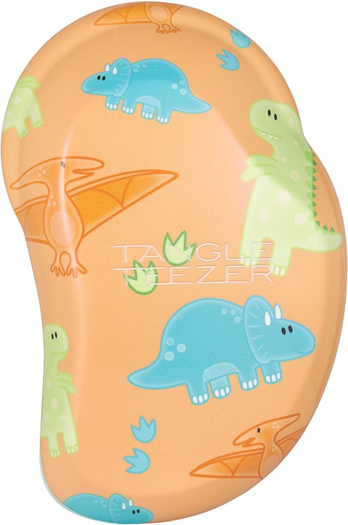 Färgglad badrumsmatta med söta dinosaurier i blått, grönt och orange på en persikofärgad bakgrund.