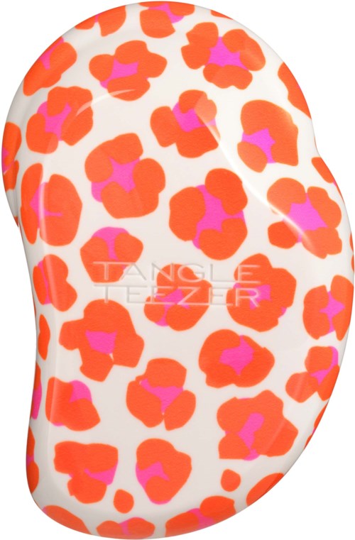 A tennis shoe with an orange and pink leopard print pattern on a white background.