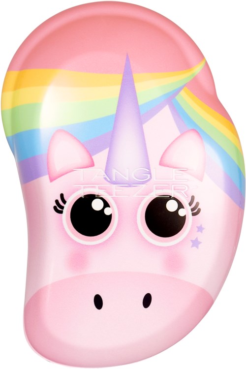 A pink unicorn with big, shiny eyes and a rainbow-colored mane on a balloon.