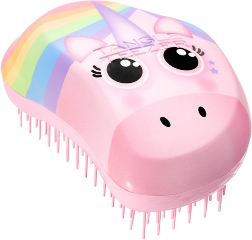 A pink unicorn-themed hairbrush with a rainbow design on top and a cute unicorn face.