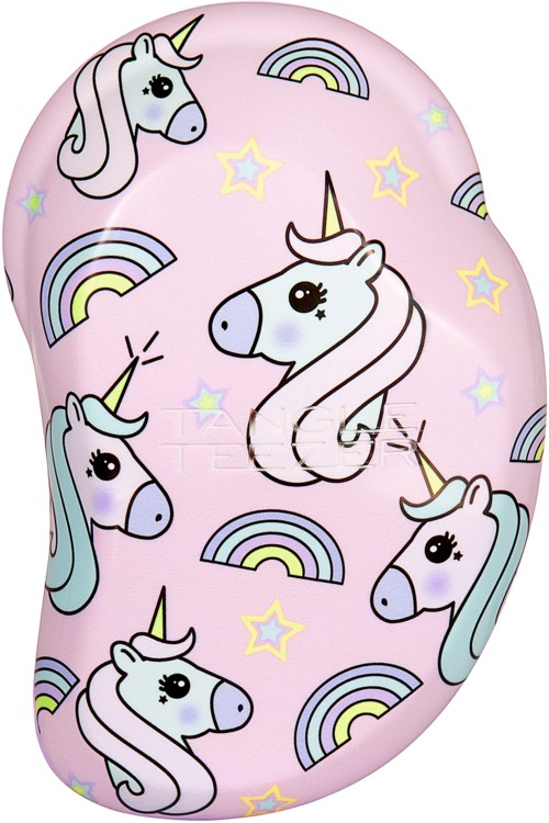 Pink background with white unicorns, rainbows, and stars, all in a cute, cartoon style.