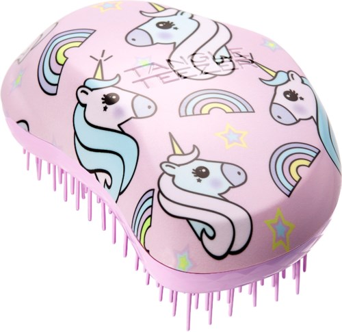 Pink hairbrush with unicorn and rainbow patterns, featuring stars and cute unicorn faces.