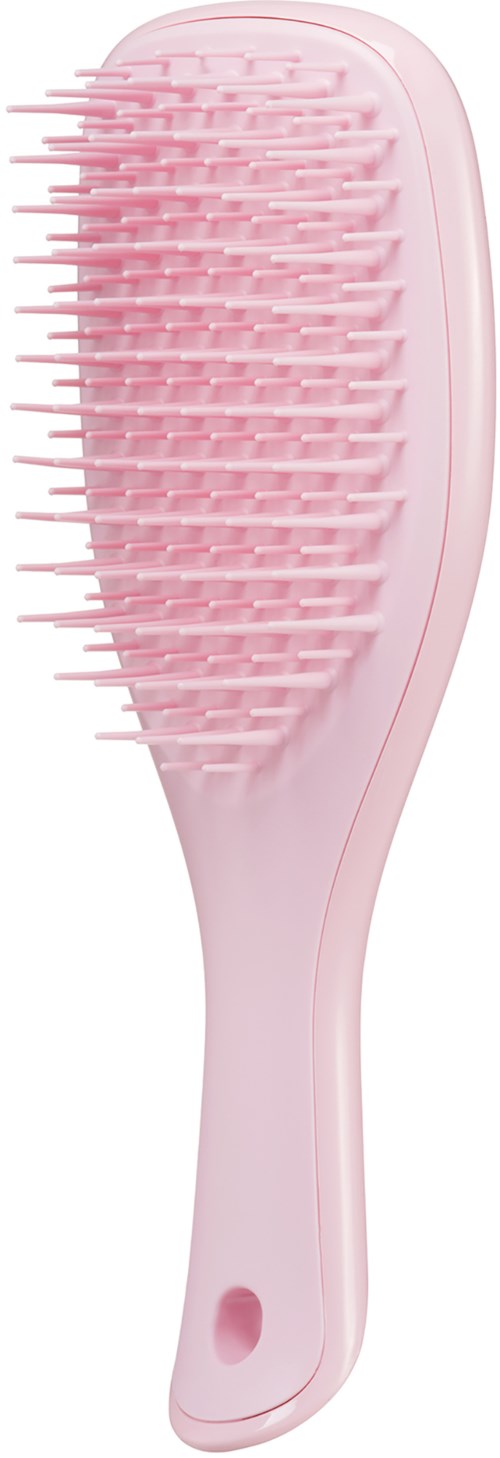 A pink hairbrush with wide, flexible bristles and a handle with a hole at the bottom.