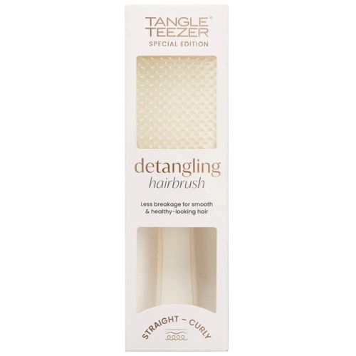 Tangle Teezer special edition detangling hairbrush with straight to curly hair styling, packaging with beige and white design.