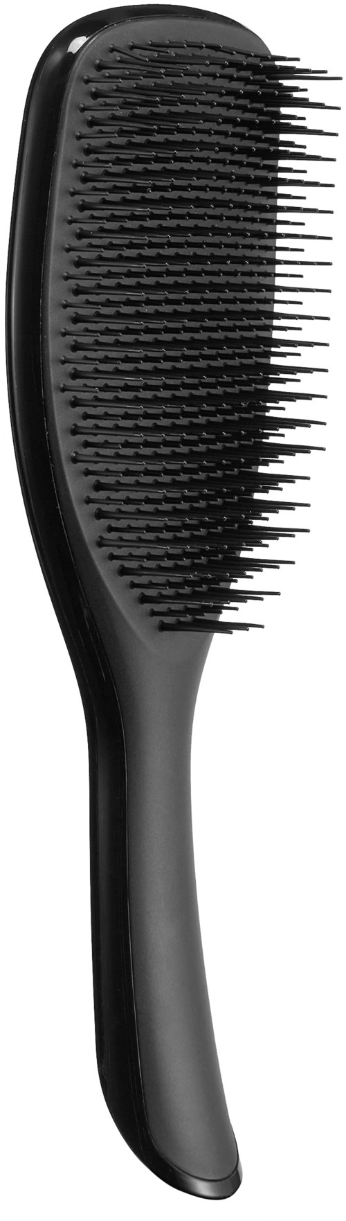 A black hairbrush with a curved handle and many short, flexible bristles.