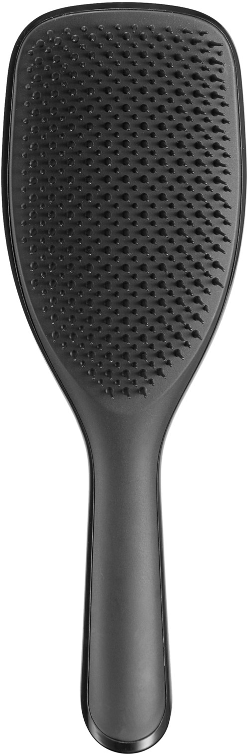 A black paddle brush with a large, flat, oval shape and a handle, featuring many small bristles.