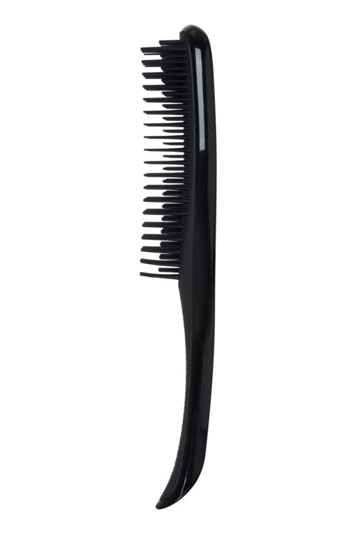 A black hairbrush with a long handle and wide bristles, designed for combing hair.