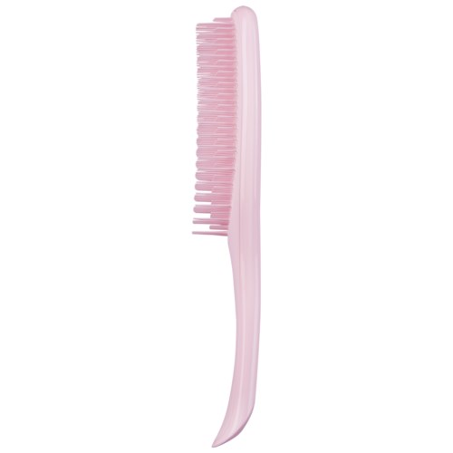 A pink hairbrush with a curved handle and evenly spaced bristles.