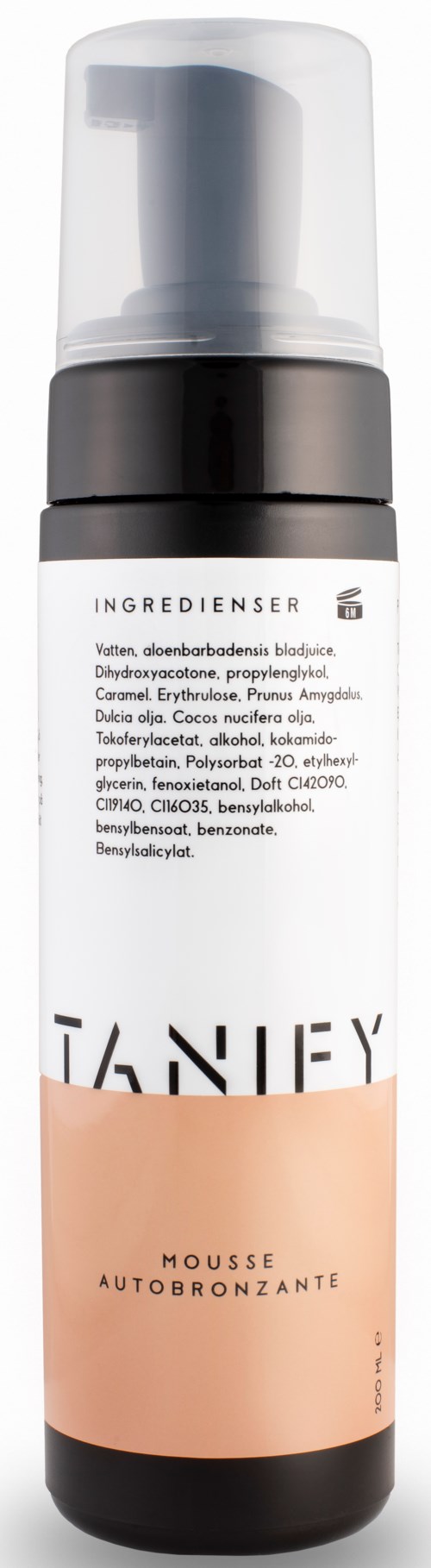 A white bottle with a black cap and pump, labeled with ingredients and a pinkish-beige section with text.