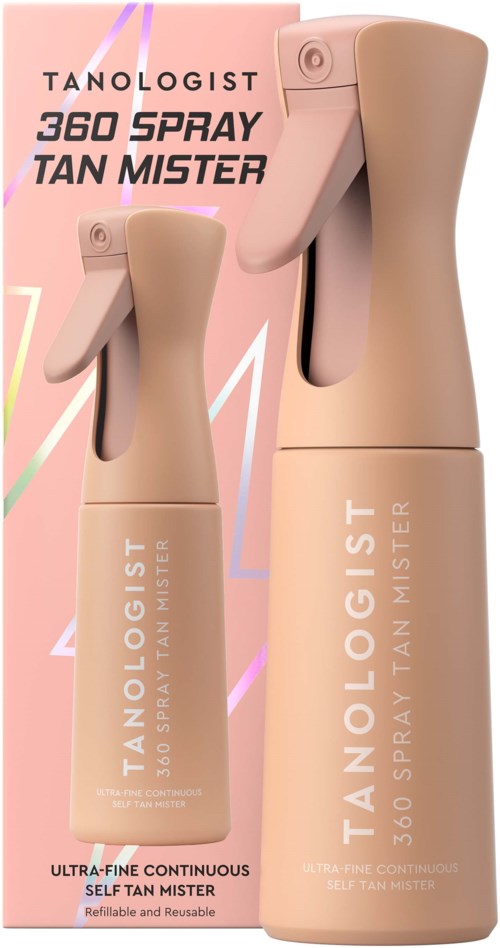 Opakowanie produktu pokazuje beżową butelkę do spryskiwacza i pudełko na Tanologist 360 Spray Tan Mister.