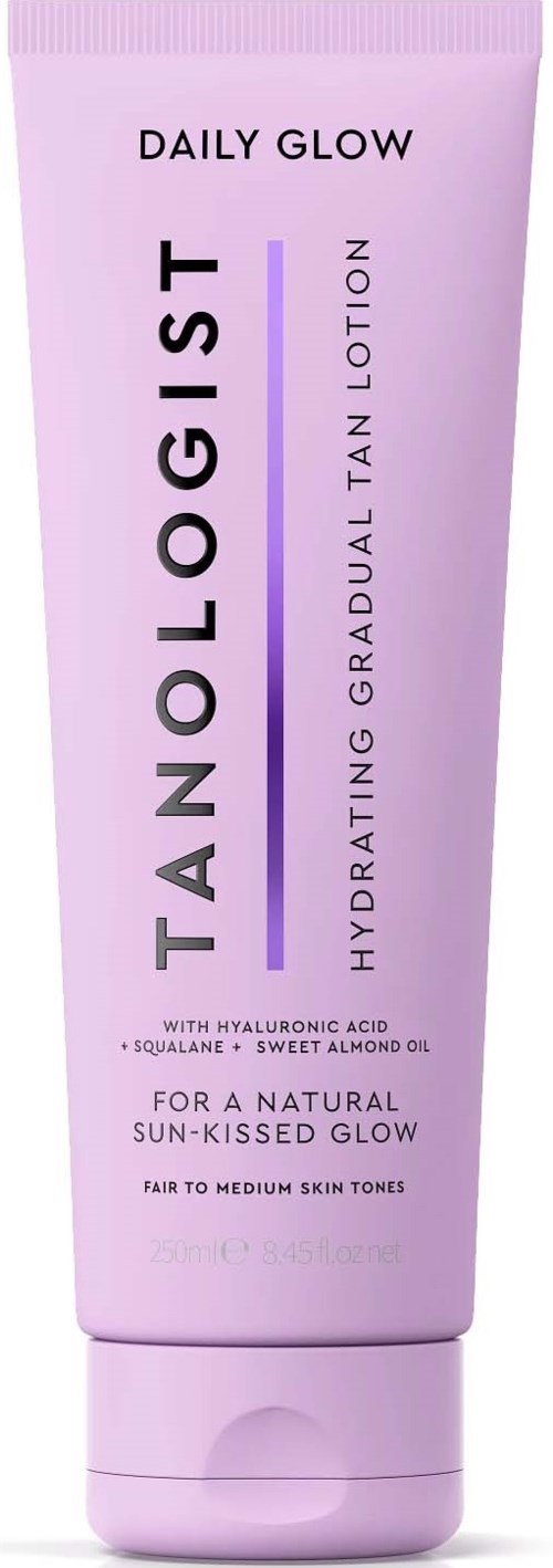 Różowa tubka lotiony nawilżającej Daily Glow od Tnologist z kwasem hialuronowym, squalanem i olejem migdałowym dla naturalnego blasku.