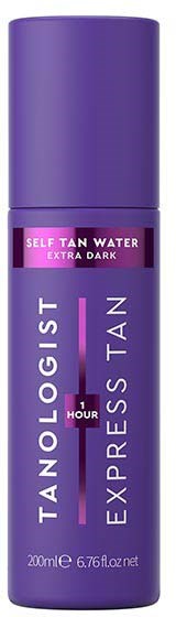 Fioletowa butelka sprayowa z napisem 'TANLOGIST EXPRESS TAN' do samoopalania, z różową etykietą 'SELF TAN WATER EXTRA DARK.'