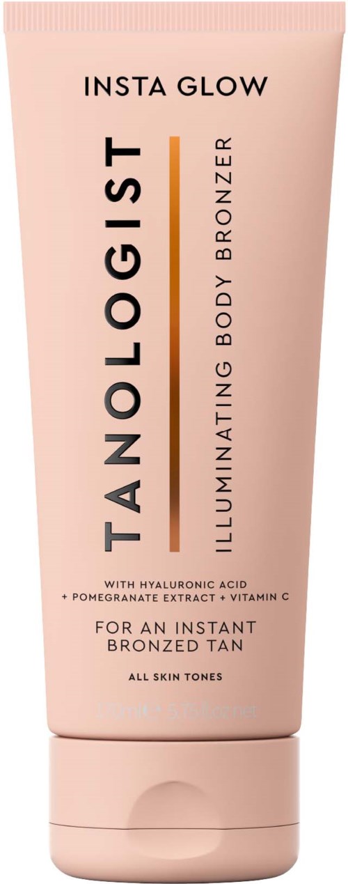 Tuba brązującego balsamu marki TANGLOGIST INSTA GLOW, zawiera kwas hialuronowy i witaminę C, do szybkiego opalonego efektu.