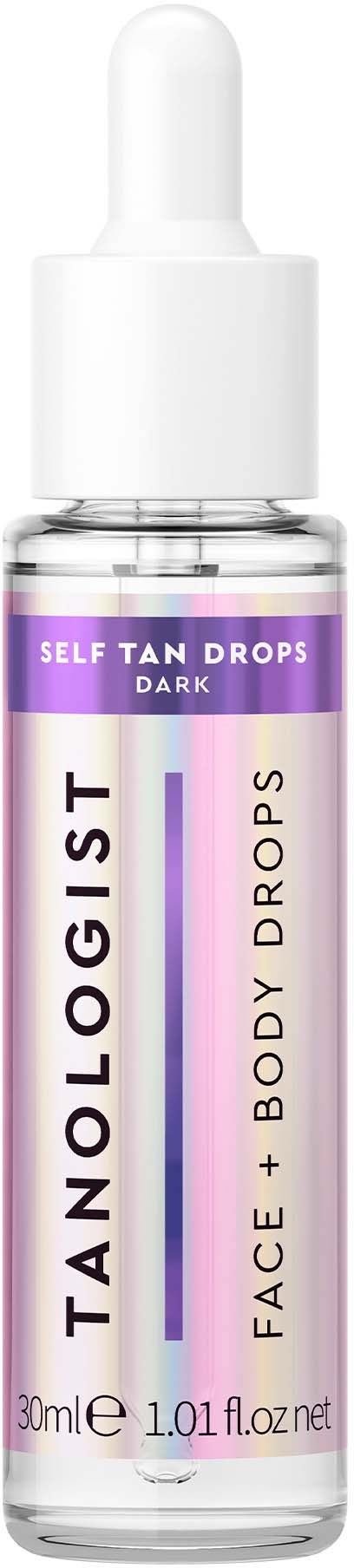 Mała przezroczysta butelka z białą kroplomierzem, oznaczona 'TANoLOGIST FACE + BODY DROPS DARK' do samoopalania.