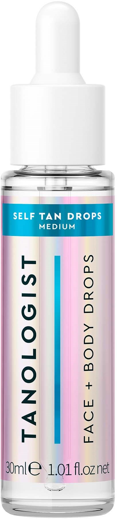Mała przezroczysta butelka z białym kroplomierzem, oznaczona 'Self Tan Drops' do twarzy i ciała, 30ml capacity.