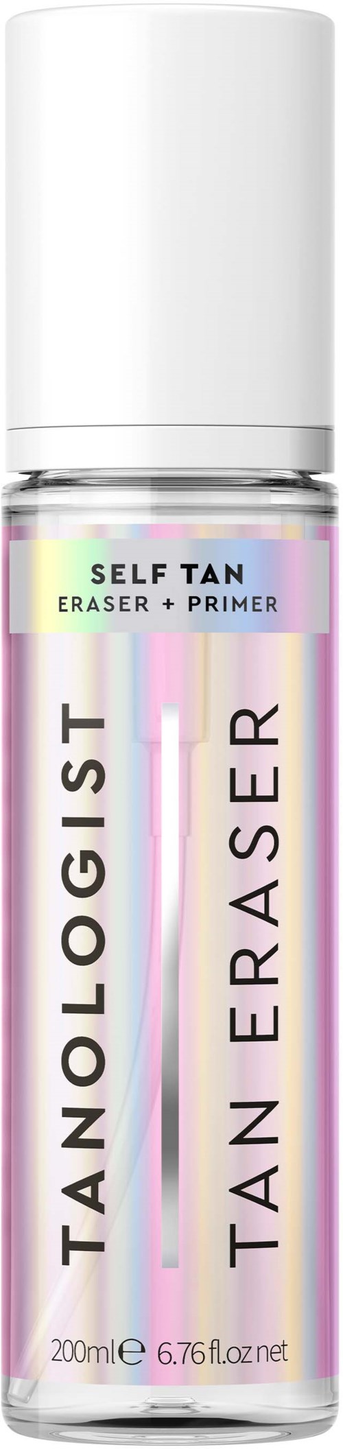 Mała butelka z rozpylem oznaczona 'Self Tan Eraser + Primer' z holograficznymi efektami na etykiecie.