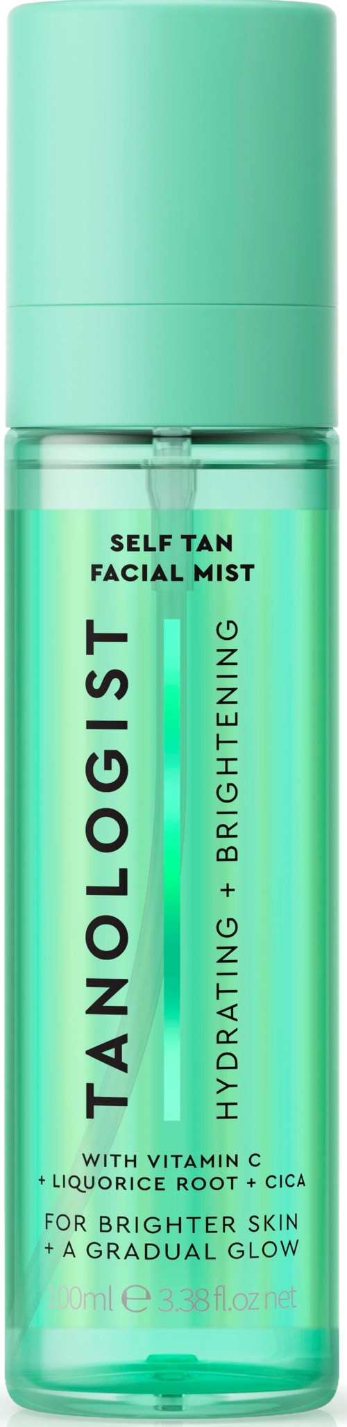 Niebieska butelka oznaczona 'Self Tan Facial Mist' z nawilżającymi i rozjaśniającymi właściwościami, zawierającą witaminę C, korzeń lukrecji i CICA.