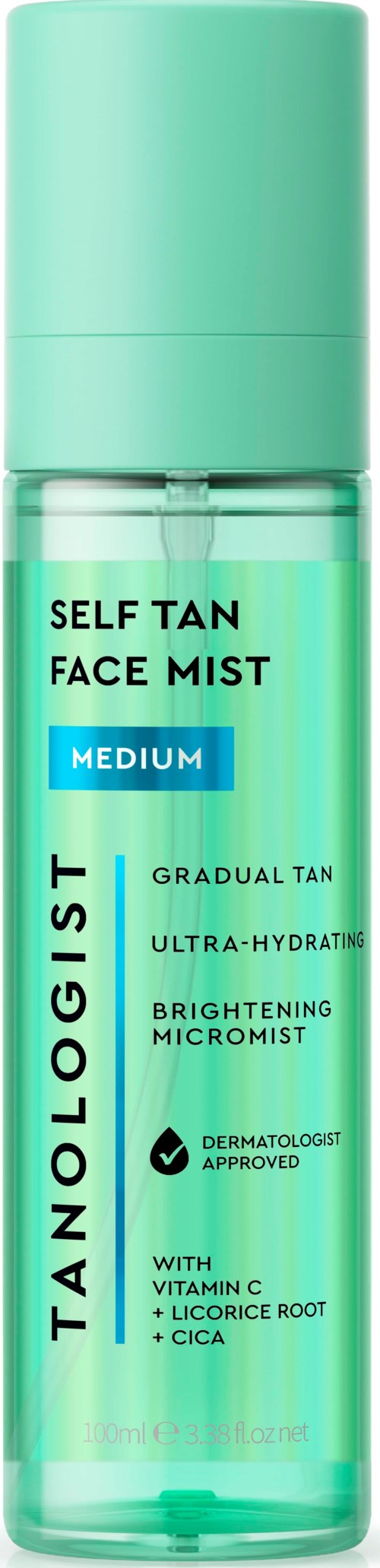 Buteleczka w kolorze turkusowym z Self Tan Face Mist, średni, stopniowy opalanie, rozświetlające składniki, witamina C, korzeń lukrecji i Cica.