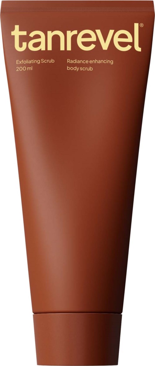Eine braune Tube mit 'tanrevel' und Text über Körperpeeling, 200 ml.