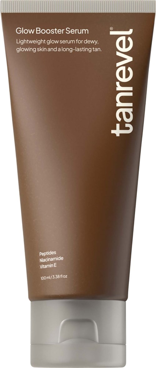 Braune Tube mit Ta-reveel Glow Booster Serum für strahlende Haut und lang anhaltende Bräune.