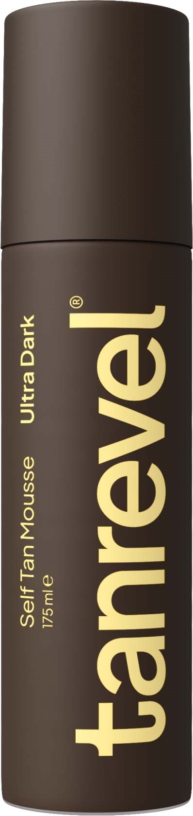 Eine Flasche Selbstbräunungsmousse mit 'tanreveal'-Beschriftung in dunkler Farbe mit gelbem Text, genannt Ultra Dark.