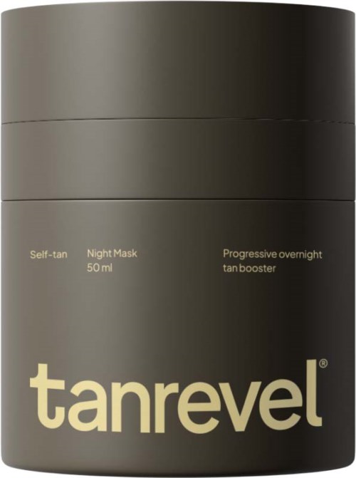 Dunkler Behälter mit Tanrevel, enthält Nachtmaske und Übernacht-Bronzer.