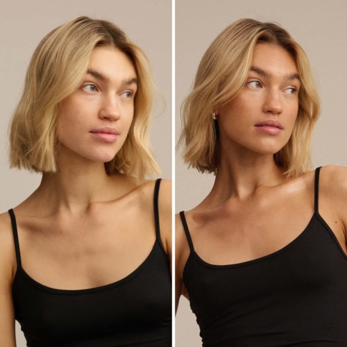 Sidetilbilder av en kvinne med blondt hår, iført en svart tanktop, som viser ulike makeup-looks.